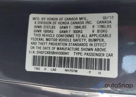 2017 Honda Civic Lx из США, поврежденный, VIN 2HGFC4B58HH306941